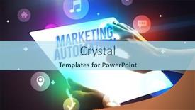  Presentation with automation - Amazing PPT theme having holding-futuristic-tablet-with-marketing backdrop and a arctic colored foreground