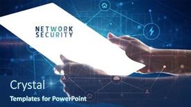  Presentation with network security - Colorful PPT layouts enhanced with holding-futuristic-tablet-with-network backdrop and a ocean colored foreground