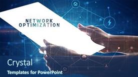  Presentation with network security - PPT layouts featuring holding-futuristic-tablet-with-network background and a ocean colored foreground