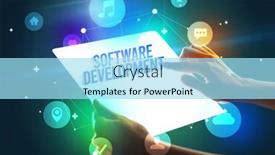  Presentation with software - Beautiful theme featuring holding-futuristic-tablet-with-software backdrop and a arctic colored foreground
