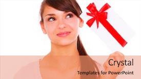  Presentation with bonus - Audience pleasing slides consisting of holding gift card bonus female backdrop and a coral colored foreground