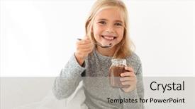  Presentation with blonde holds a magnifying glass - Colorful slides enhanced with holding glass jar and spoon backdrop and a light gray colored foreground