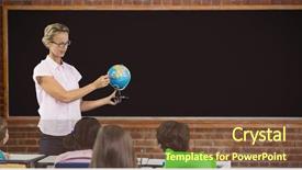  Presentation with teacher and students - Audience pleasing PPT layouts consisting of holding globe against large chalkboard backdrop and a  colored foreground