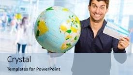  Presentation with cutout paper people standing around globe holding hands - Audience pleasing presentation theme consisting of holding globe and boarding pass backdrop and a light blue colored foreground