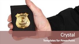  Presentation with trophy award hand holding - Beautiful presentation theme featuring holding golden special officer badge backdrop and a violet colored foreground