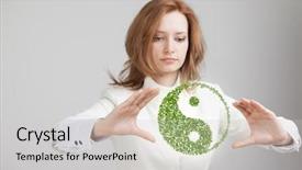  Presentation with young plant - Audience pleasing PPT layouts consisting of holding green plant ying yang backdrop and a light gray colored foreground