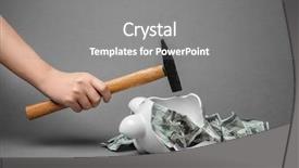  Presentation with piggy bank - Presentation design featuring holding hammer over broken piggy background and a gray colored foreground