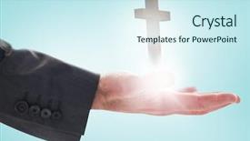  Presentation with hand holding pencil - Presentation design featuring holding hand out in presentation background and a  colored foreground