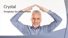  Presentation with old man - Theme enhanced with holding hands above head amd background and a sky blue colored foreground