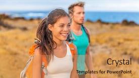  Presentation with young happy couple - PPT theme with holding hands walking on trek background and a coral colored foreground