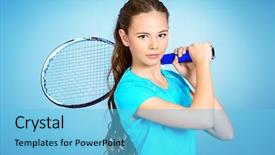  Presentation with tennis - Beautiful presentation design featuring holding her racket studio shot backdrop and a light blue colored foreground