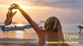  Presentation with sunset beach - Colorful slide deck enhanced with holding her sandals at sun backdrop and a tawny brown colored foreground