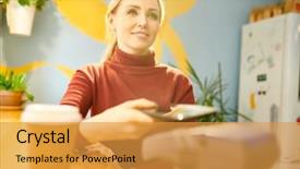  Presentation with energry drink - Amazing PPT theme having holding her smartphone over electronic backdrop and a gold colored foreground