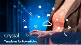  Presentation with information technology cloud - Presentation theme featuring holding hologram screen displaying information background and a ocean colored foreground