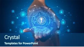  Presentation with hologram - Presentation theme consisting of person holding hologram screen displaying background and a ocean colored foreground