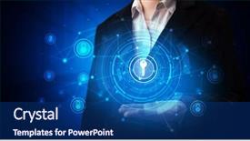  Presentation with hologram - Colorful presentation design enhanced with person holding hologram screen displaying backdrop and a ocean colored foreground