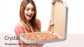  Presentation with happy young student girl holding - Cool new presentation theme with holding hot pizza in box backdrop and a lemonade colored foreground