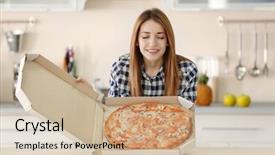  Presentation with pizza - Theme with holding hot pizza in box background and a soft green colored foreground