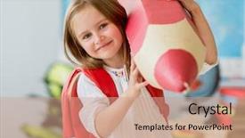  Presentation with smiling little girl - Colorful slides enhanced with holding huge red decorative pencil backdrop and a coral colored foreground