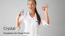  Presentation with photo - Slide set consisting of holding injection syringe showing okay background and a light gray colored foreground