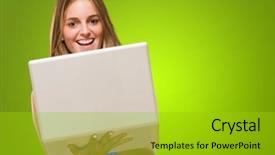  Presentation with blonde holding magnifying glass - Presentation theme enhanced with holding laptop against a green background and a gold colored foreground