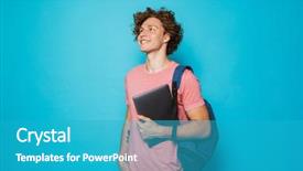  Presentation with backpack - Amazing presentation theme having holding laptop isolated over blue backdrop and a teal colored foreground