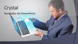  Presentation with cloud based - Amazing PPT layouts having holding laptop projecting cloud base backdrop and a light gray colored foreground