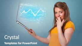  Presentation with financial - Theme enhanced with holding laptop projecting financial information background and a seafoam green colored foreground