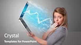  Presentation with important - Cool new presentation design with holding laptop projecting financial information backdrop and a gray colored foreground