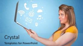  Presentation with laptop - Colorful presentation enhanced with holding laptop with online service backdrop and a light blue colored foreground