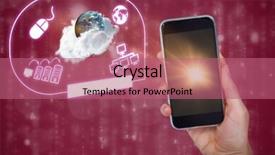  Presentation with hand holding earth - PPT layouts consisting of holding mobile phone against earth background and a coral colored foreground