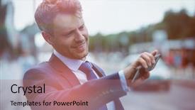  Presentation with phone - PPT theme with holding mobile phone and hail background and a  colored foreground