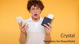  Presentation with man holding phone - Cool new slides with holding mobile phone and passport backdrop and a yellow colored foreground