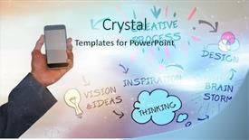  Presentation with hands holding - Slide set with holding mobile phones against curve background and a cool aqua colored foreground