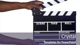  Presentation with clapper - Slide deck with holding movie production clapper board background and a violet colored foreground