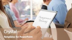  Presentation with debt management text - Amazing presentation design having holding notebook with text management backdrop and a coral colored foreground