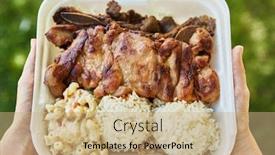  Presentation with container - Colorful presentation design enhanced with holding-open-take-out-container backdrop and a coral colored foreground