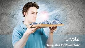  Presentation with helping man mountain - PPT theme with holding opened book with mountain background and a  colored foreground