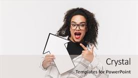  Presentation with happy smiling woman dental health - Slide deck having holding paper arrow and pointing background and a  colored foreground