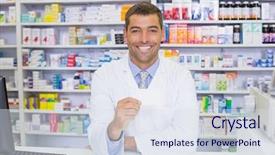  Presentation with hospital pharmacy - PPT theme enhanced with holding paper at the hospital background and a sky blue colored foreground