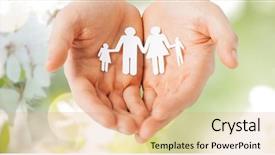  Presentation with family values - PPT theme featuring holding paper cutout of family background and a coral colored foreground