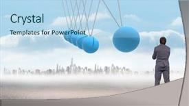  Presentation with pen - Colorful PPT layouts enhanced with holding pen against newtons cradle backdrop and a light blue colored foreground