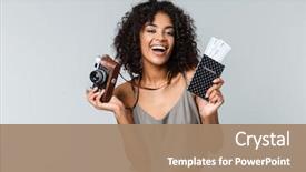  Presentation with happy smiling woman dental health - Amazing PPT theme having holding photo camera showing passport backdrop and a coral colored foreground