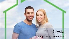  Presentation with family and home love concept - Presentation theme with holding piggy bank over green background and a light blue colored foreground