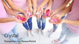  Presentation with pink ribbon hands - Presentation design consisting of holding pink ribbons breast cancer background and a light blue colored foreground
