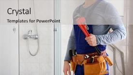  Presentation with pipe - Slide set featuring holding pipe wrench in bathroom background and a light gray colored foreground