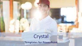  Presentation with pizza delivery - Cool new slide deck with holding pizza boxes in restaurant backdrop and a sky blue colored foreground