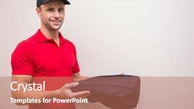  Presentation with pizza delivery - Amazing presentation theme having portrait of delivery man holding pizza in thermal bag backdrop and a coral colored foreground