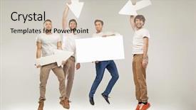  Presentation with virile young men - Colorful presentation theme enhanced with holding placard - young happy men with empty backdrop and a soft green colored foreground