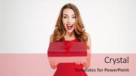 Presentation with sexy santa woman red - PPT theme with holding present isolated over white background and a  colored foreground
